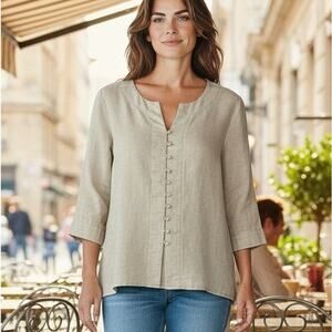 Liz Claiborne 100% Linen Blouse Top Tunic Beige SZ XL Button Front Boho Cottage